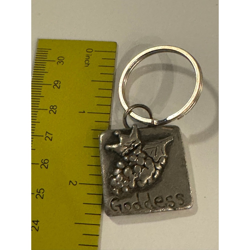 Vintage Goddess Keychain Crowned Grapes Wine Theme Silver Tone Square Charm